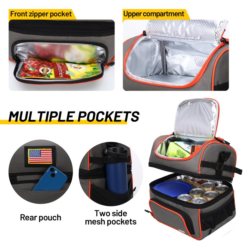 MIER 2 Compartment Lunch Bag Tote with Shoulder Strap for Men and Women Insulated Leakproof Cooler Bag  Grey/Orange - Image 3